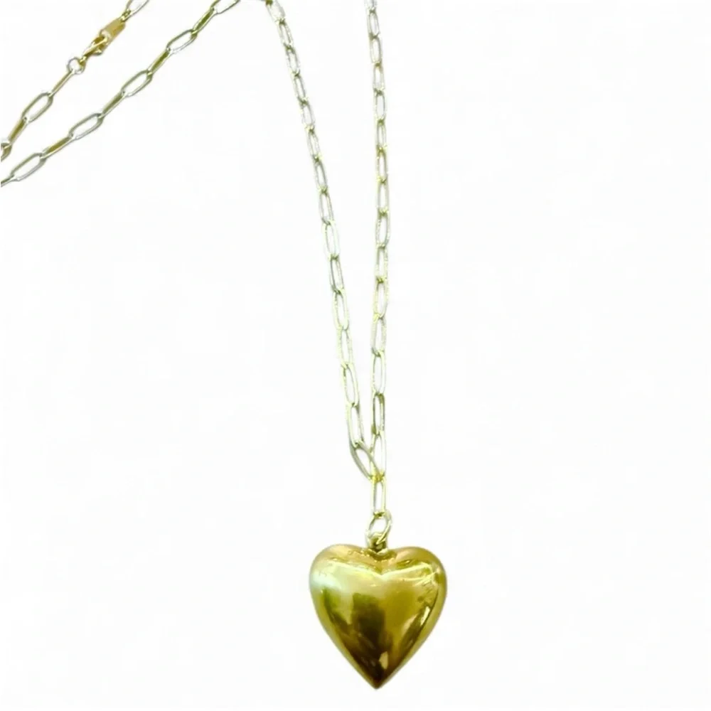 Vintage Brass Puffy Heart Pendant Necklace on a Gold Filled Oval Link Chain, 22”